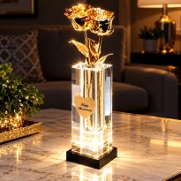 2 Illuminated 11" 24k Gold Roses in 8" Personalized Crystal Vase